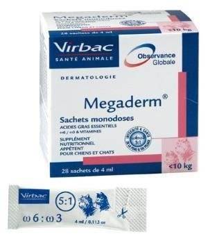 VIRBAC Megaderm 28x4 ml complément alimentaire pour chiens et chats jusqu'à 10kg pour les problèmes de peau